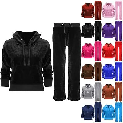 Womens Ladies Velvet Velour Hoodies Hooded Joggers Loungewear 2PCS Tracksuit Set • £16.49