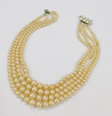 Vintage Multi 4 Strand Glass Pearl Beaded Rhinestone Clasp Choker Necklace 13.5  • $34.99