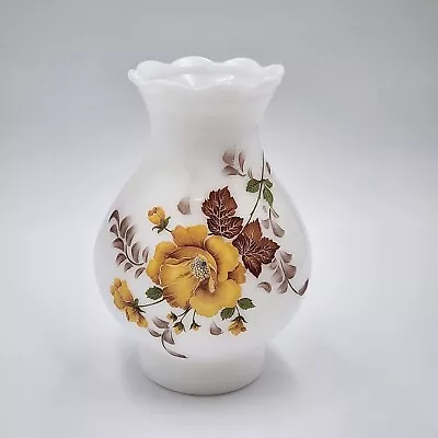 Vintage Milk Glass Hurricane Lamp Ruffled Shade Floral BrownYellow Roses 7  • $29.99