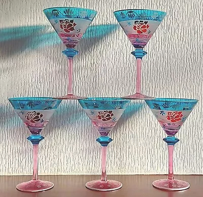 Set 5 Hand Painted Cocktail Glasses Blue/Pink Floral Pattern • £19.99