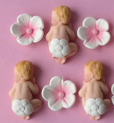 3 X Edible Baby Shower Cupcake Topper With Flowers ( Tiny Edible Cupcake Babies  • £11.95