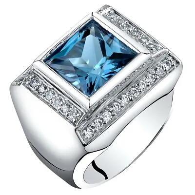 Men's 5 Carats Natural London Blue Topaz Ring In Sterling Silver • $150.99