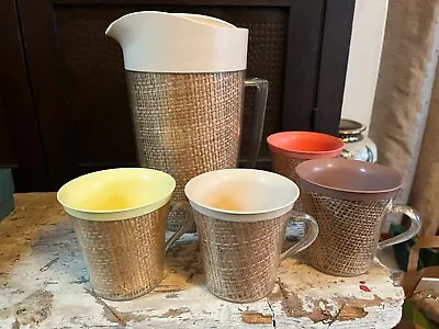 Raffiaware Mid Century Pitcher Lid Burlap Coffee Cups Mugs Melamine No Stains! • $29.99