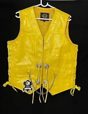 Mens YELLOW Orignal COW LEATHER Vest Chain Concho Motorcycle Biker Waistcoat New • $72.97