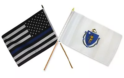 12x18 12 X18  Wholesale Combo USA Police Blue & Massachusetts State Stick Flag • $8.88