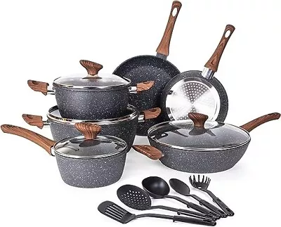 Non-Stick Marble Pots And Pans Kitchen Cookware With Lids Utensils 15Pcs-Nuovva • £72.99