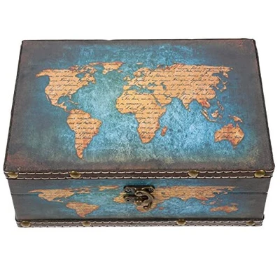 $27.67 • Buy Chest Treasure Box World Map Pattern Storage Box Vintage Wood And Leather Tre...