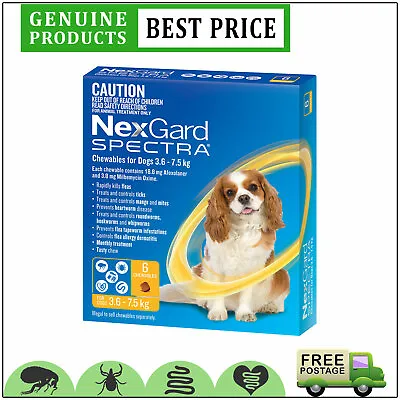 NEXGARD SPECTRA Flea Tick Heartworm Control 6 Doses For Dog 3.6 To 7.5 Kg YELLOW • $90.92