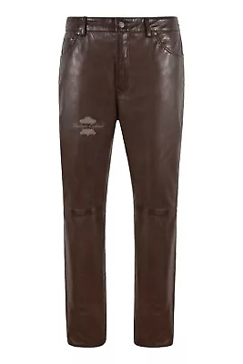 Mens Real Leather Trouser Motorcycle Brown Lambskin Leather Jeans Style Pant 501 • £99.79