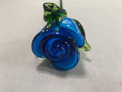 Vintage Art Glass Blue Rose Flower  12” Long Stem Hand Blown Murano Style • $24.99