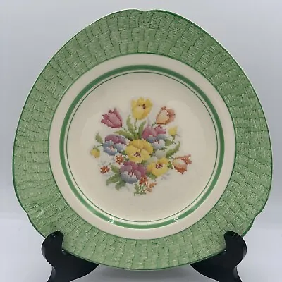 Vintage H K TUNSTALL Green Triangular Plate W Needlepoint Flowers Serving Dinner • $28.99