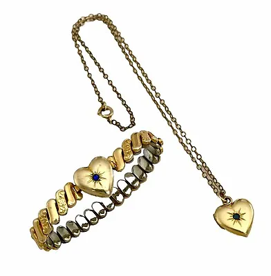 VINTAGE BELLAVANCE Gold Blue Stone Child HEART LOCKET Necklace & HEART Bracelet • $80