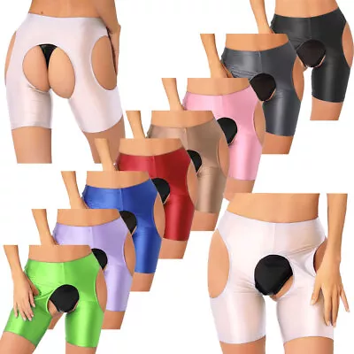 $9.24 • Buy Womens Glossy Hollow Out Short Suspender High Waisted Workout Gym Yoga Shorts