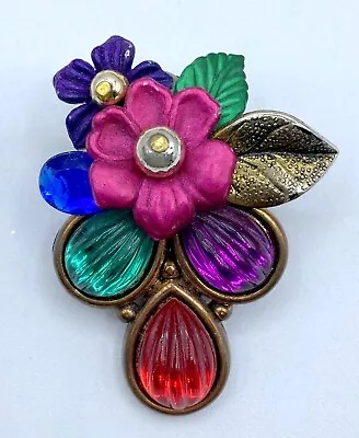 C7-1111 Vintage Brooch Gold Tone Pin 1.75  Pink Rhinestone Enamel Flower • $4.99