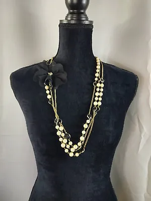 Vintage Gold Tone Chain Faux Pearl Black Bead Flower Necklace Women's Jewelry  • $9