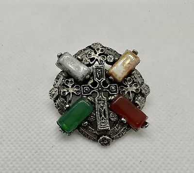 Vintage Celtic Cross Silver Tone Brooch With Multi-Colored Faux Stones. Nice! • $16