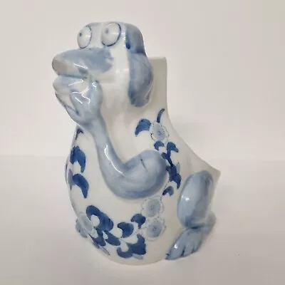 Vintage Frog Ceramic Toilet Brush Holder Blue White Hand Painted Floral • £29