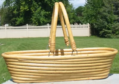 Vtg Oblong Bamboo Wood Shaft Reed Bread Fruit Gathering Basket Handles Unusual • $28.95