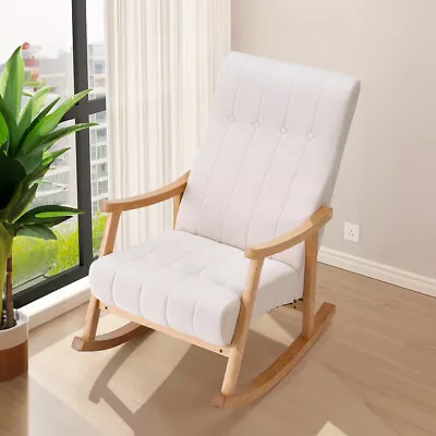 Creamy Fabric Upholstered Rocking Chair Living Room Nap Relaxing Rocker Armchair • £158.95