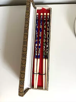 Vintage 2 Pairs Chinese Chopstick Cloisonne Enamel Gilt Inlay Box Flower Blue • $16.99