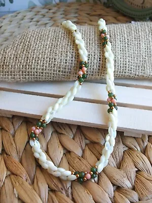 Vintage 1970s Genuine Mother Of Pearl Coral And Jade Beaded Necklace • $65