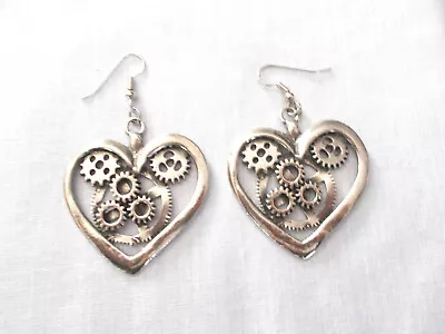 STEAMPUNK HEART With GEARS & COGS LARGE DANGLING PEWTER PENDANT EARRINGS • $15.99