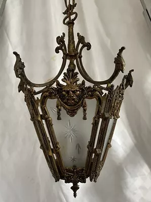 Rare Vintage Gothic Figural Brass And Glass Foyer Light -Spain Restore Project • $250