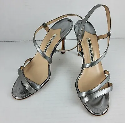 Manolo Blahnik Women's Silver Heels Sandals Pumps Size 38 • $89.99
