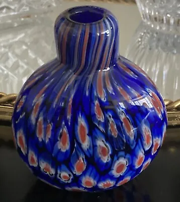 Vintage Millefiori Cobalt Blue Art Glass Bud Vase Murano ? 4” Tall. • $25