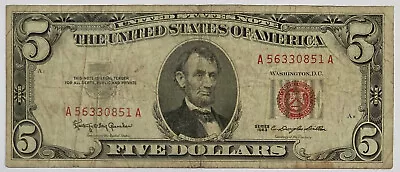 1963 $5 Red Seal Five Dollar United States Note Five Nice Bill !! 1963  851 • $9.49