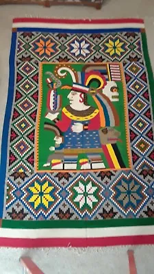 $495 • Buy Vintage Mayan King Zapotec Mexican Multicolor Wool Blanket Rug