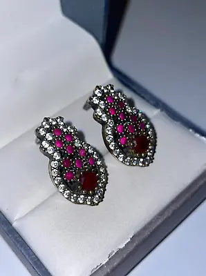 Antique Middle-Eastern Solid Sterling Silver Garnet Ruby White Sapphire Earrings • $39.99