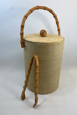 MCM Retro Vintage Tiki Luau Grasscloth Faux Bamboo Ice Bucket & Tongs 15” • $62