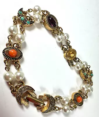 Vintage Bracelet Emmons Victorian Slide Charm Simulated Pearl Missing Stone • $18.75