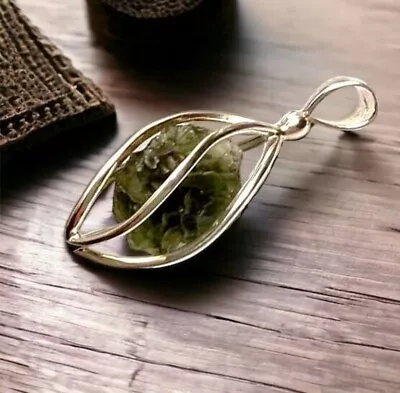 MOLDAVITE Raw Cage Pendant Tektite 925 Sterling Handmade Jewelry • $35.41