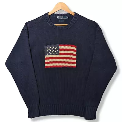 POLO RALPH LAUREN USA Flag Jumper Men's Large Navy Cotton Knit Sweater Vintage • £129.99