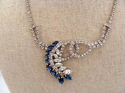 Silver-Tone J Hook Necklace With Dark Blue & Clear Rhinestones • $17.99