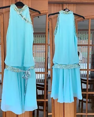 Womens Blue Silk Mandarin Collar With Belt Midi Dress Size UK 6-8 Worn Once !! • £12