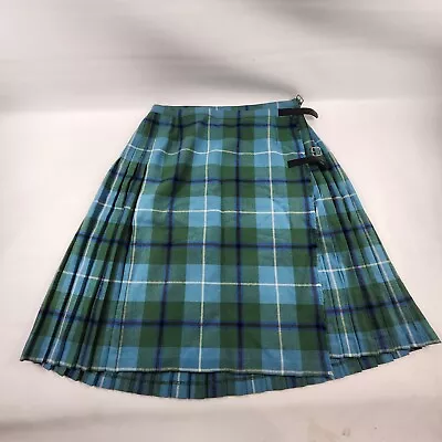 VTG Mosbrook Green Blue Tartan Plaid Wool Skirt Knit Kilt Pleated Great Britain • $39.95