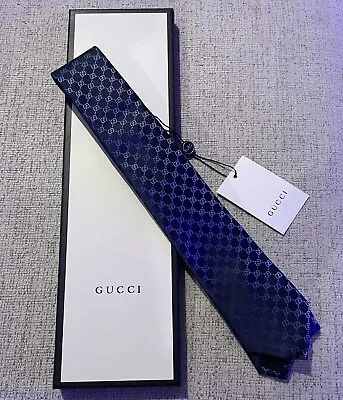 GUCCI Tie Mens Blue Navy GG Pattern Interlocking Logo • $122.50