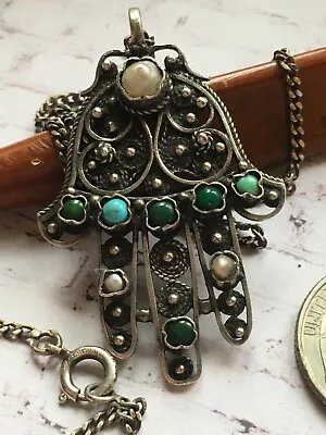 Vintage Filigree Sterling Silver & Turquoise Pendant Hand  Amulet Fatima Hamsa • $104.94