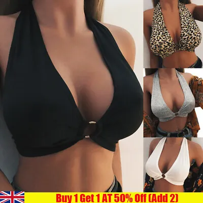 £4.99 • Buy Women Halter Neck Vest Crop Top Leopard Bralette Bandage Bra Tank Cami Sexy