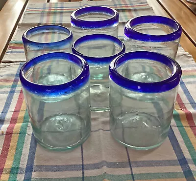 Six Hand Blown Mexican Glasses Cobalt Blue Rim 12 Oz • $48