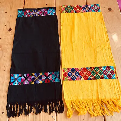 Lot Of 2 Maya Mexican Chiapas Rectangle Embroidered Table Runner Scarf 11x54 In • $29