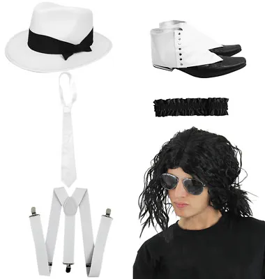 Jacko Smooth Criminal 6 Piece Set King Of Pop Fancy Dress Costume Wig Spats Tie • £16.99