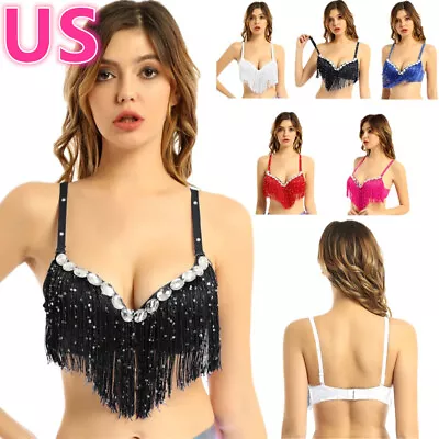 US Women's Sequins Tassel Bra Top Belly Dance Party Push-Up Tops Rave Clubwear • $12.54