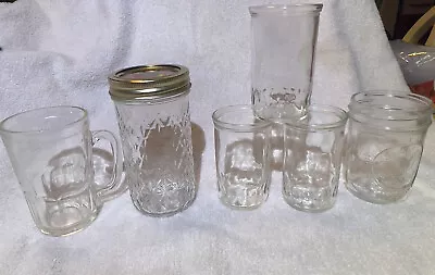 Lot Of 6 Vintage Glasses Jars Clear Juice Jelly Canning Drinking Varies Brands • $26.38