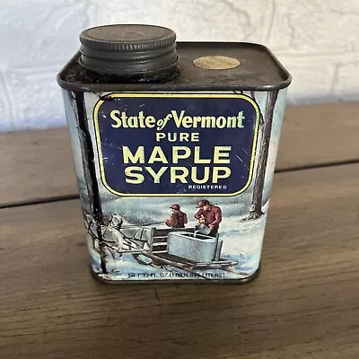 VINTAGE STATE OF VERMONT Pure MAPLE SYRUP 1 Quart TIN CAN Blue WINTER SCENE • $15