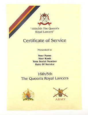 16th 5th Queens Royal Lancers Certificate Of Veterans Service • £9.99