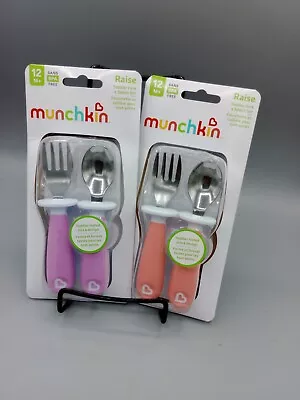 Lot Of 2 Munchkin Raise Toddler Fork & Spoon Set 12m+ Pink And Purple • $14.25